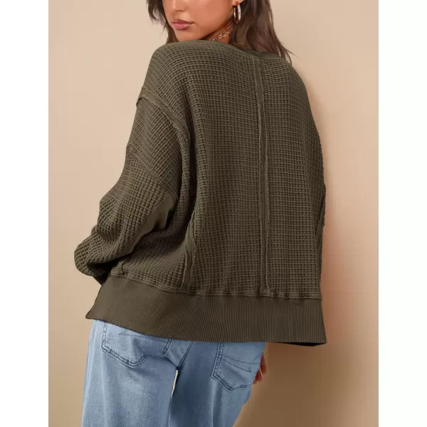 PRETTYGARDEN Womens Oversized Crewneck Sweatshirts Casual Long Sleeve Side Split Pullover Waffle Knit Shirts TopArmy Green