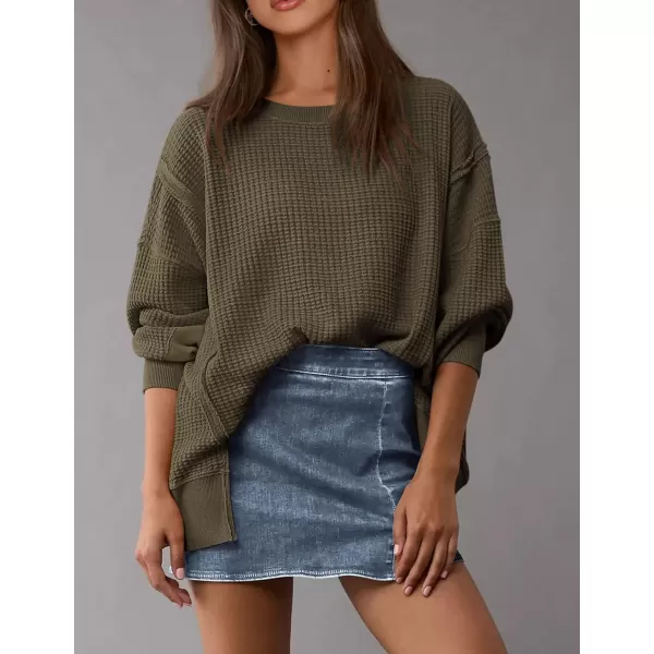PRETTYGARDEN Womens Oversized Crewneck Sweatshirts Casual Long Sleeve Side Split Pullover Waffle Knit Shirts TopArmy Green