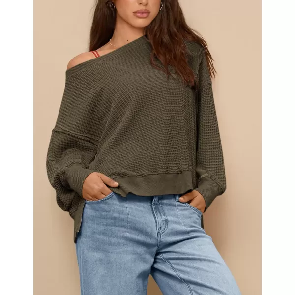 PRETTYGARDEN Womens Oversized Crewneck Sweatshirts Casual Long Sleeve Side Split Pullover Waffle Knit Shirts TopArmy Green