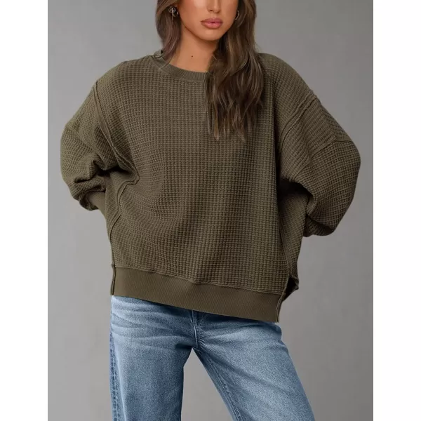 PRETTYGARDEN Womens Oversized Crewneck Sweatshirts Casual Long Sleeve Side Split Pullover Waffle Knit Shirts TopArmy Green