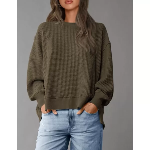 PRETTYGARDEN Womens Oversized Crewneck Sweatshirts Casual Long Sleeve Side Split Pullover Waffle Knit Shirts TopArmy Green