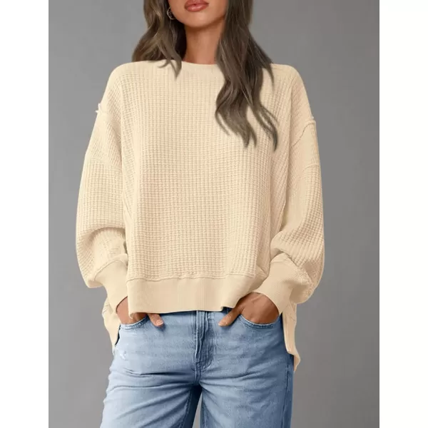 PRETTYGARDEN Womens Oversized Crewneck Sweatshirts Casual Long Sleeve Side Split Pullover Waffle Knit Shirts TopBeige