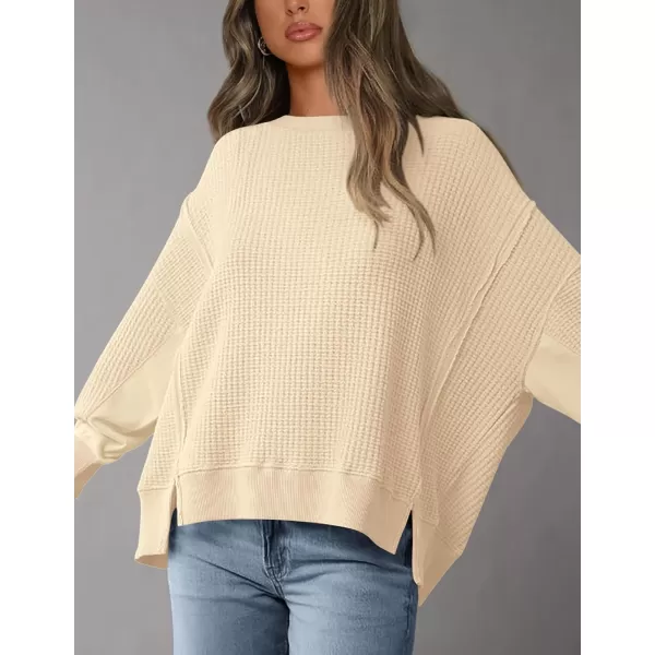 PRETTYGARDEN Womens Oversized Crewneck Sweatshirts Casual Long Sleeve Side Split Pullover Waffle Knit Shirts TopBeige