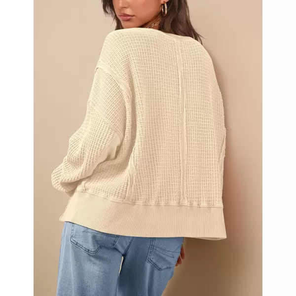 PRETTYGARDEN Womens Oversized Crewneck Sweatshirts Casual Long Sleeve Side Split Pullover Waffle Knit Shirts TopBeige