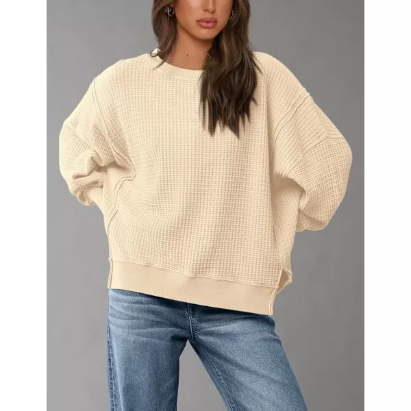 PRETTYGARDEN Womens Oversized Crewneck Sweatshirts Casual Long Sleeve Side Split Pullover Waffle Knit Shirts TopBeige