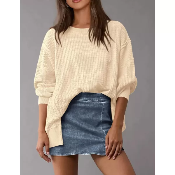 PRETTYGARDEN Womens Oversized Crewneck Sweatshirts Casual Long Sleeve Side Split Pullover Waffle Knit Shirts TopBeige