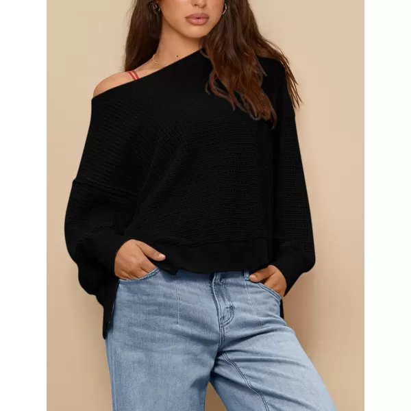 PRETTYGARDEN Womens Oversized Crewneck Sweatshirts Casual Long Sleeve Side Split Pullover Waffle Knit Shirts TopBlack