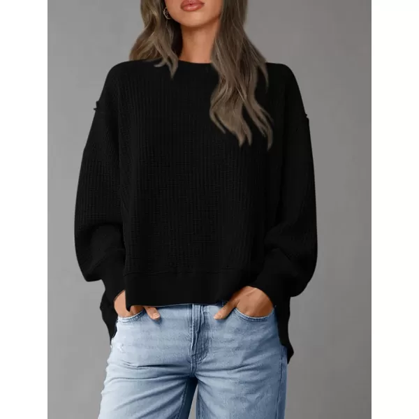 PRETTYGARDEN Womens Oversized Crewneck Sweatshirts Casual Long Sleeve Side Split Pullover Waffle Knit Shirts TopBlack