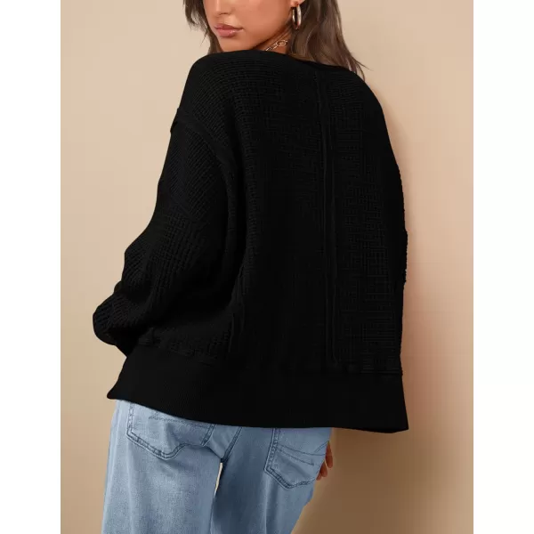 PRETTYGARDEN Womens Oversized Crewneck Sweatshirts Casual Long Sleeve Side Split Pullover Waffle Knit Shirts TopBlack
