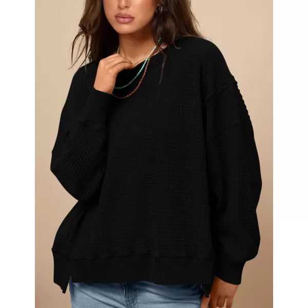PRETTYGARDEN Womens Oversized Crewneck Sweatshirts Casual Long Sleeve Side Split Pullover Waffle Knit Shirts TopBlack