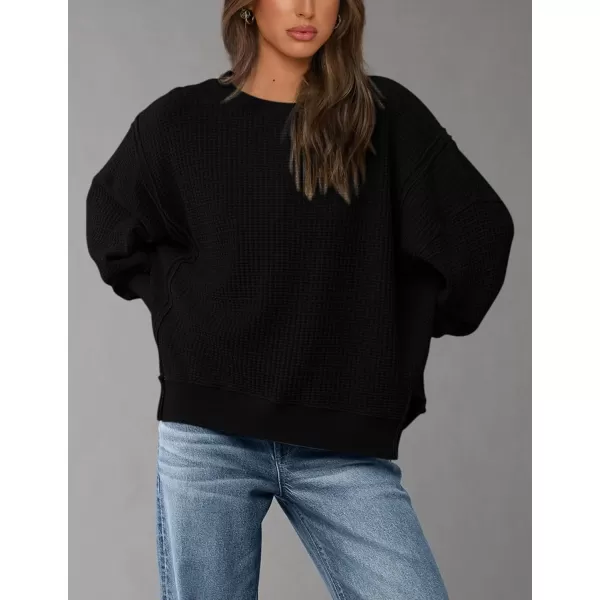 PRETTYGARDEN Womens Oversized Crewneck Sweatshirts Casual Long Sleeve Side Split Pullover Waffle Knit Shirts TopBlack