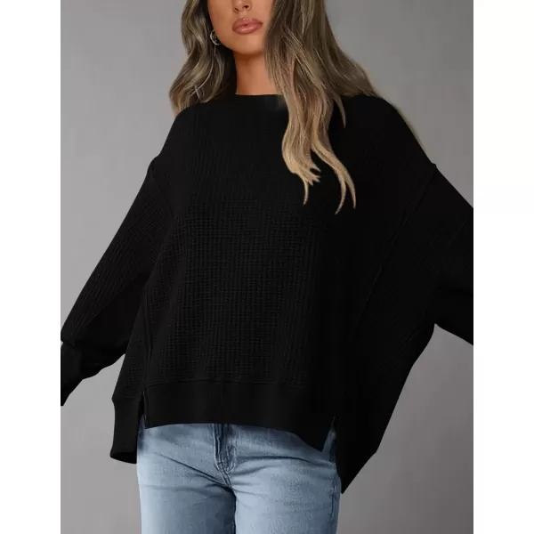 PRETTYGARDEN Womens Oversized Crewneck Sweatshirts Casual Long Sleeve Side Split Pullover Waffle Knit Shirts TopBlack