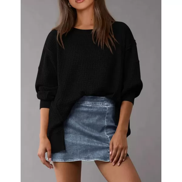 PRETTYGARDEN Womens Oversized Crewneck Sweatshirts Casual Long Sleeve Side Split Pullover Waffle Knit Shirts TopBlack