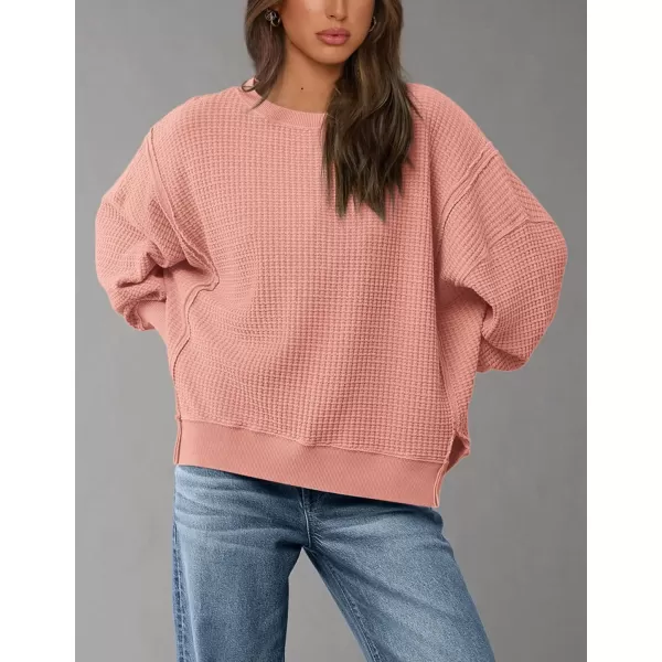 PRETTYGARDEN Womens Oversized Crewneck Sweatshirts Casual Long Sleeve Side Split Pullover Waffle Knit Shirts TopCoral Pink