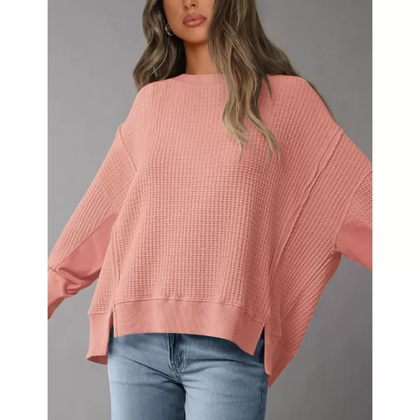 PRETTYGARDEN Womens Oversized Crewneck Sweatshirts Casual Long Sleeve Side Split Pullover Waffle Knit Shirts TopCoral Pink