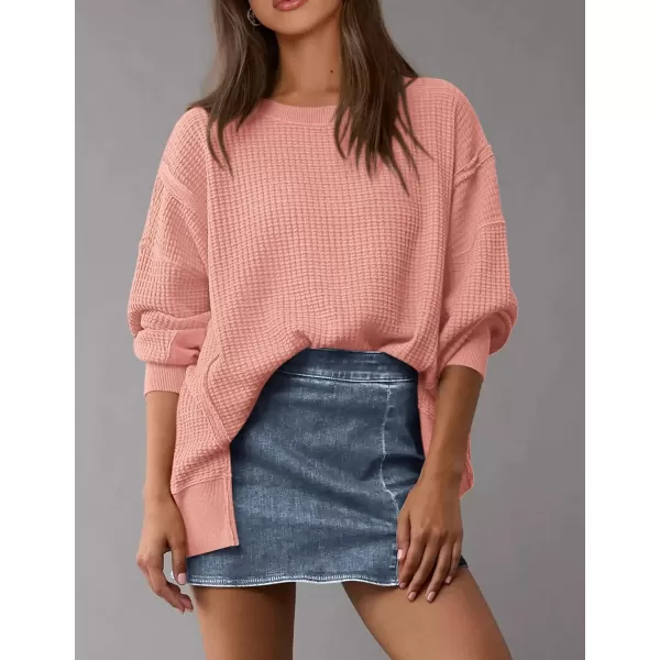 PRETTYGARDEN Womens Oversized Crewneck Sweatshirts Casual Long Sleeve Side Split Pullover Waffle Knit Shirts TopCoral Pink