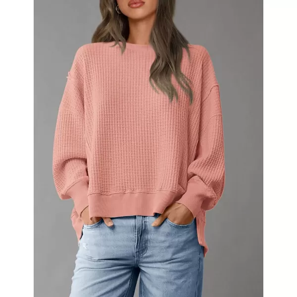 PRETTYGARDEN Womens Oversized Crewneck Sweatshirts Casual Long Sleeve Side Split Pullover Waffle Knit Shirts TopCoral Pink