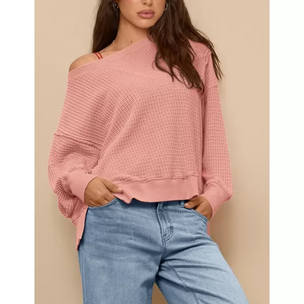 PRETTYGARDEN Womens Oversized Crewneck Sweatshirts Casual Long Sleeve Side Split Pullover Waffle Knit Shirts TopCoral Pink