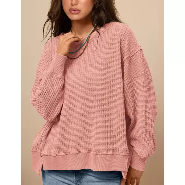 PRETTYGARDEN Womens Oversized Crewneck Sweatshirts Casual Long Sleeve Side Split Pullover Waffle Knit Shirts TopCoral Pink