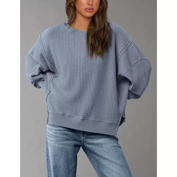 PRETTYGARDEN Womens Oversized Crewneck Sweatshirts Casual Long Sleeve Side Split Pullover Waffle Knit Shirts TopGrey Blue