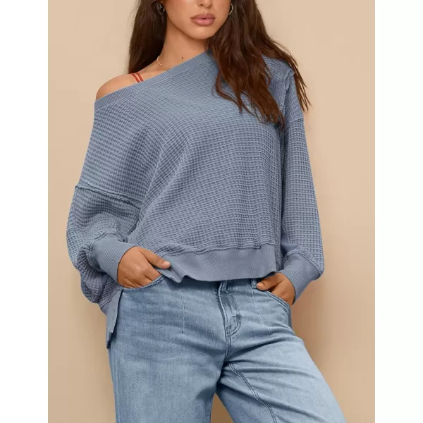PRETTYGARDEN Womens Oversized Crewneck Sweatshirts Casual Long Sleeve Side Split Pullover Waffle Knit Shirts TopGrey Blue