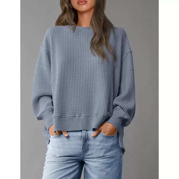 PRETTYGARDEN Womens Oversized Crewneck Sweatshirts Casual Long Sleeve Side Split Pullover Waffle Knit Shirts TopGrey Blue