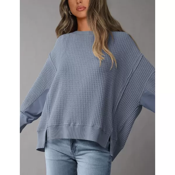 PRETTYGARDEN Womens Oversized Crewneck Sweatshirts Casual Long Sleeve Side Split Pullover Waffle Knit Shirts TopGrey Blue