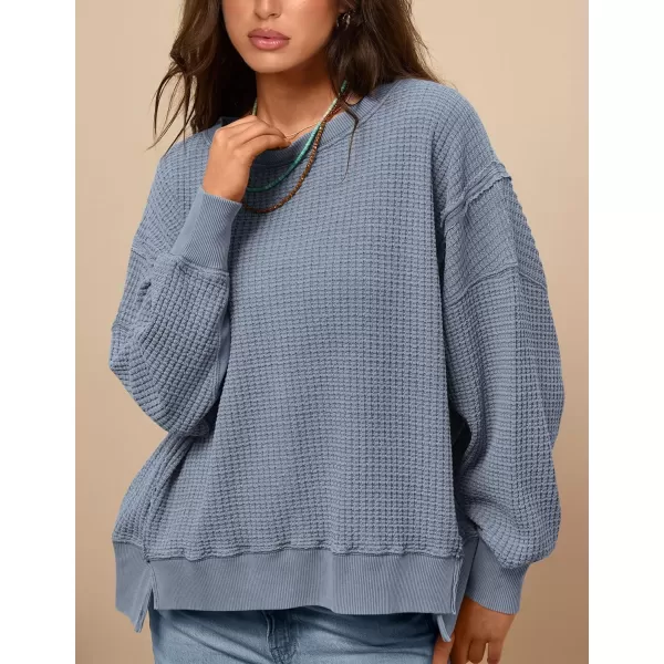 PRETTYGARDEN Womens Oversized Crewneck Sweatshirts Casual Long Sleeve Side Split Pullover Waffle Knit Shirts TopGrey Blue