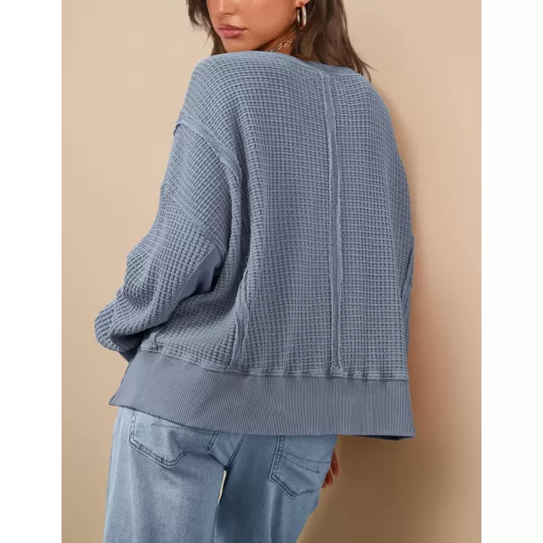 PRETTYGARDEN Womens Oversized Crewneck Sweatshirts Casual Long Sleeve Side Split Pullover Waffle Knit Shirts TopGrey Blue