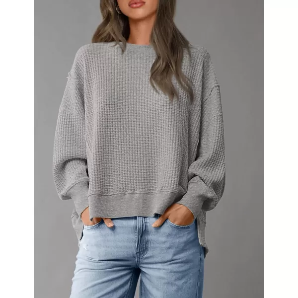 PRETTYGARDEN Womens Oversized Crewneck Sweatshirts Casual Long Sleeve Side Split Pullover Waffle Knit Shirts TopLight Grey