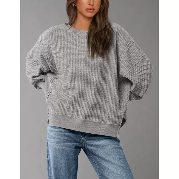 PRETTYGARDEN Womens Oversized Crewneck Sweatshirts Casual Long Sleeve Side Split Pullover Waffle Knit Shirts TopLight Grey