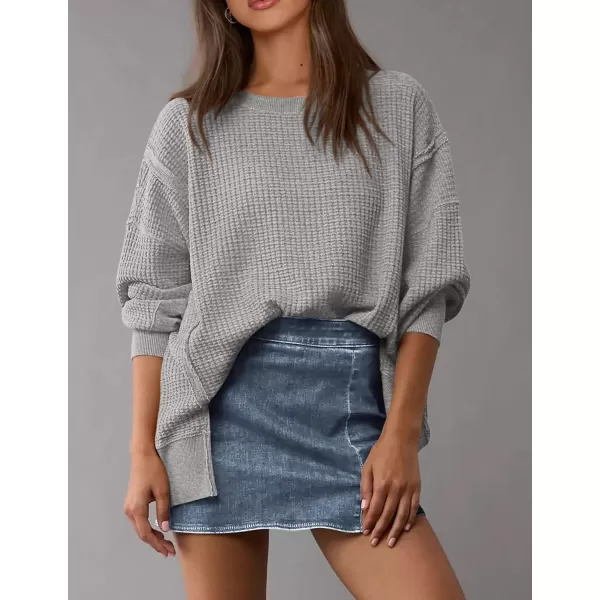 PRETTYGARDEN Womens Oversized Crewneck Sweatshirts Casual Long Sleeve Side Split Pullover Waffle Knit Shirts TopLight Grey