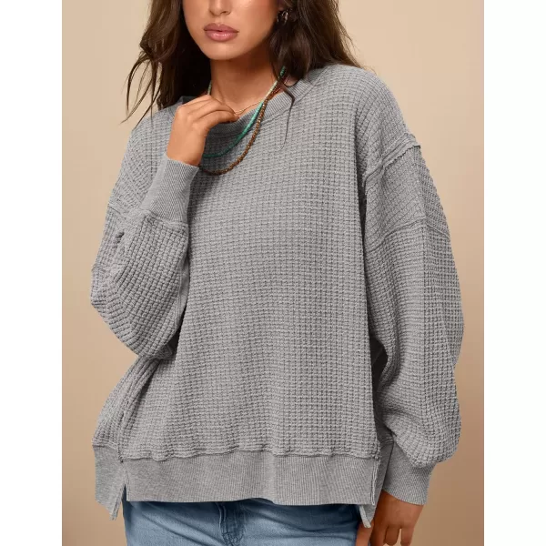 PRETTYGARDEN Womens Oversized Crewneck Sweatshirts Casual Long Sleeve Side Split Pullover Waffle Knit Shirts TopLight Grey