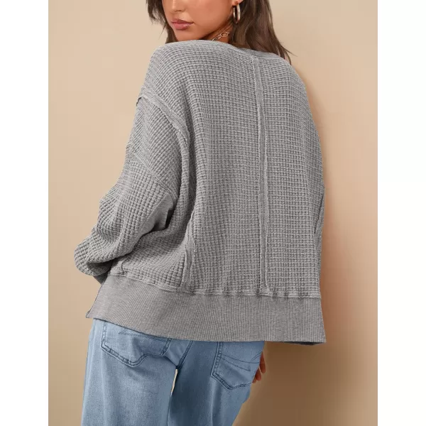 PRETTYGARDEN Womens Oversized Crewneck Sweatshirts Casual Long Sleeve Side Split Pullover Waffle Knit Shirts TopLight Grey