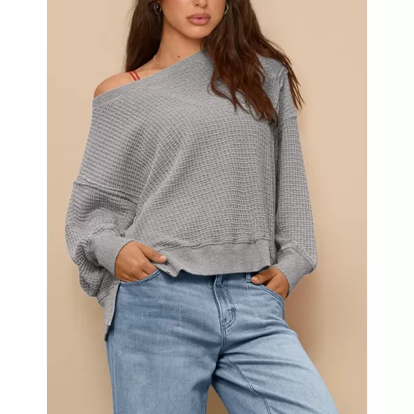 PRETTYGARDEN Womens Oversized Crewneck Sweatshirts Casual Long Sleeve Side Split Pullover Waffle Knit Shirts TopLight Grey