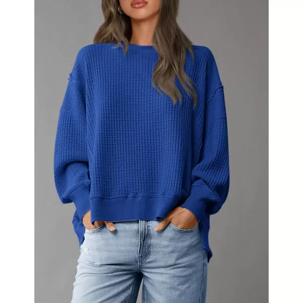 PRETTYGARDEN Womens Oversized Crewneck Sweatshirts Casual Long Sleeve Side Split Pullover Waffle Knit Shirts TopRoyal Blue