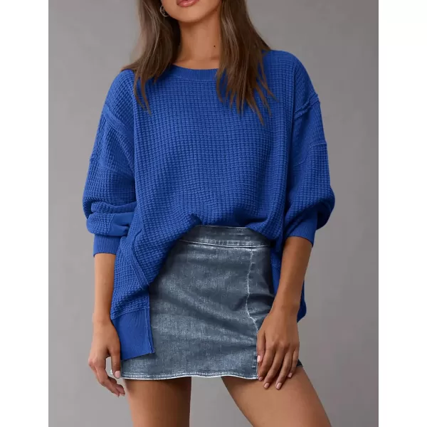 PRETTYGARDEN Womens Oversized Crewneck Sweatshirts Casual Long Sleeve Side Split Pullover Waffle Knit Shirts TopRoyal Blue