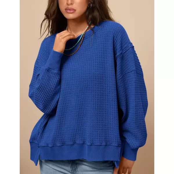 PRETTYGARDEN Womens Oversized Crewneck Sweatshirts Casual Long Sleeve Side Split Pullover Waffle Knit Shirts TopRoyal Blue