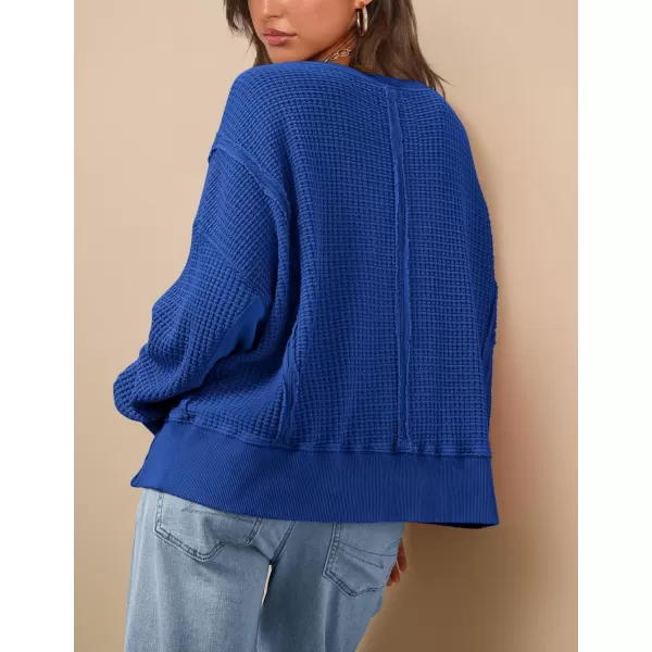 PRETTYGARDEN Womens Oversized Crewneck Sweatshirts Casual Long Sleeve Side Split Pullover Waffle Knit Shirts TopRoyal Blue