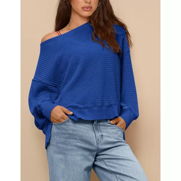 PRETTYGARDEN Womens Oversized Crewneck Sweatshirts Casual Long Sleeve Side Split Pullover Waffle Knit Shirts TopRoyal Blue