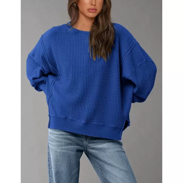 PRETTYGARDEN Womens Oversized Crewneck Sweatshirts Casual Long Sleeve Side Split Pullover Waffle Knit Shirts TopRoyal Blue