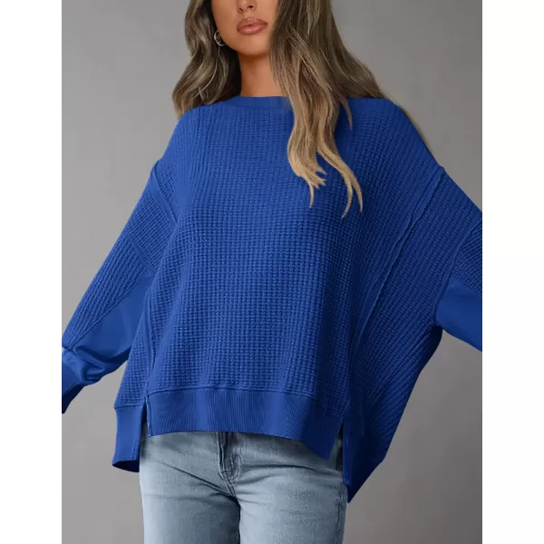PRETTYGARDEN Womens Oversized Crewneck Sweatshirts Casual Long Sleeve Side Split Pullover Waffle Knit Shirts TopRoyal Blue