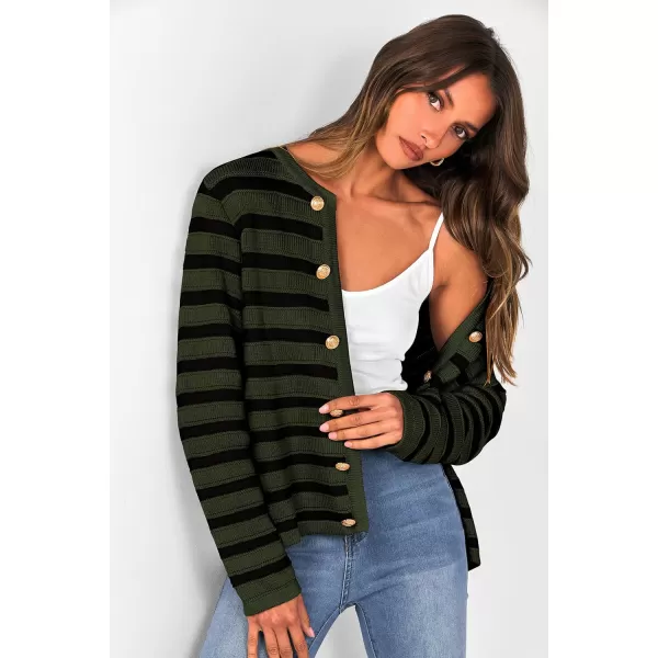 PRETTYGARDEN Womens Striped Cardigan Sweaters Ribbed Knit Long Sleeve Open Front Crewneck Casual JacketsArmy Green