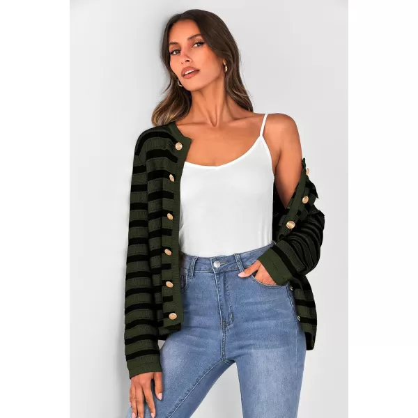 PRETTYGARDEN Womens Striped Cardigan Sweaters Ribbed Knit Long Sleeve Open Front Crewneck Casual JacketsArmy Green