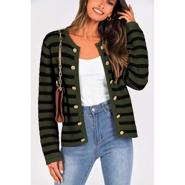 PRETTYGARDEN Womens Striped Cardigan Sweaters Ribbed Knit Long Sleeve Open Front Crewneck Casual JacketsArmy Green
