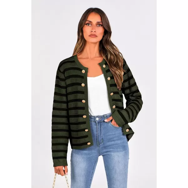 PRETTYGARDEN Womens Striped Cardigan Sweaters Ribbed Knit Long Sleeve Open Front Crewneck Casual JacketsArmy Green