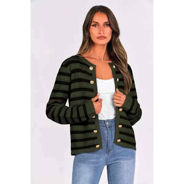 PRETTYGARDEN Womens Striped Cardigan Sweaters Ribbed Knit Long Sleeve Open Front Crewneck Casual JacketsArmy Green