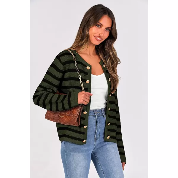 PRETTYGARDEN Womens Striped Cardigan Sweaters Ribbed Knit Long Sleeve Open Front Crewneck Casual JacketsArmy Green