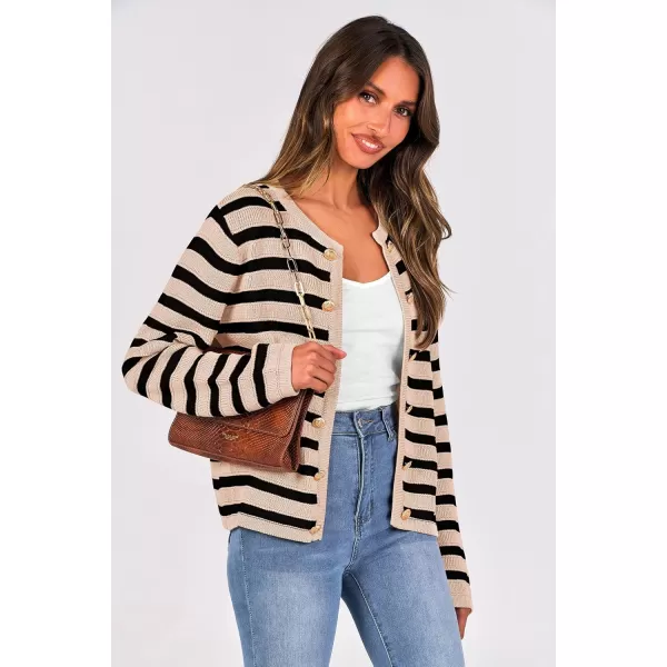 PRETTYGARDEN Womens Striped Cardigan Sweaters Ribbed Knit Long Sleeve Open Front Crewneck Casual JacketsBeige