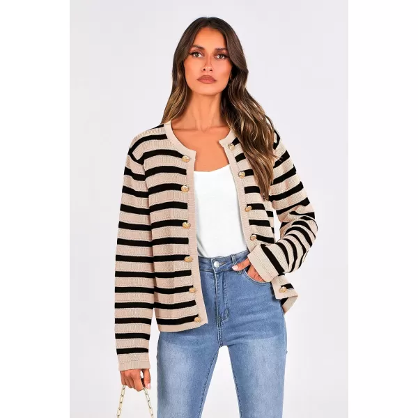 PRETTYGARDEN Womens Striped Cardigan Sweaters Ribbed Knit Long Sleeve Open Front Crewneck Casual JacketsBeige